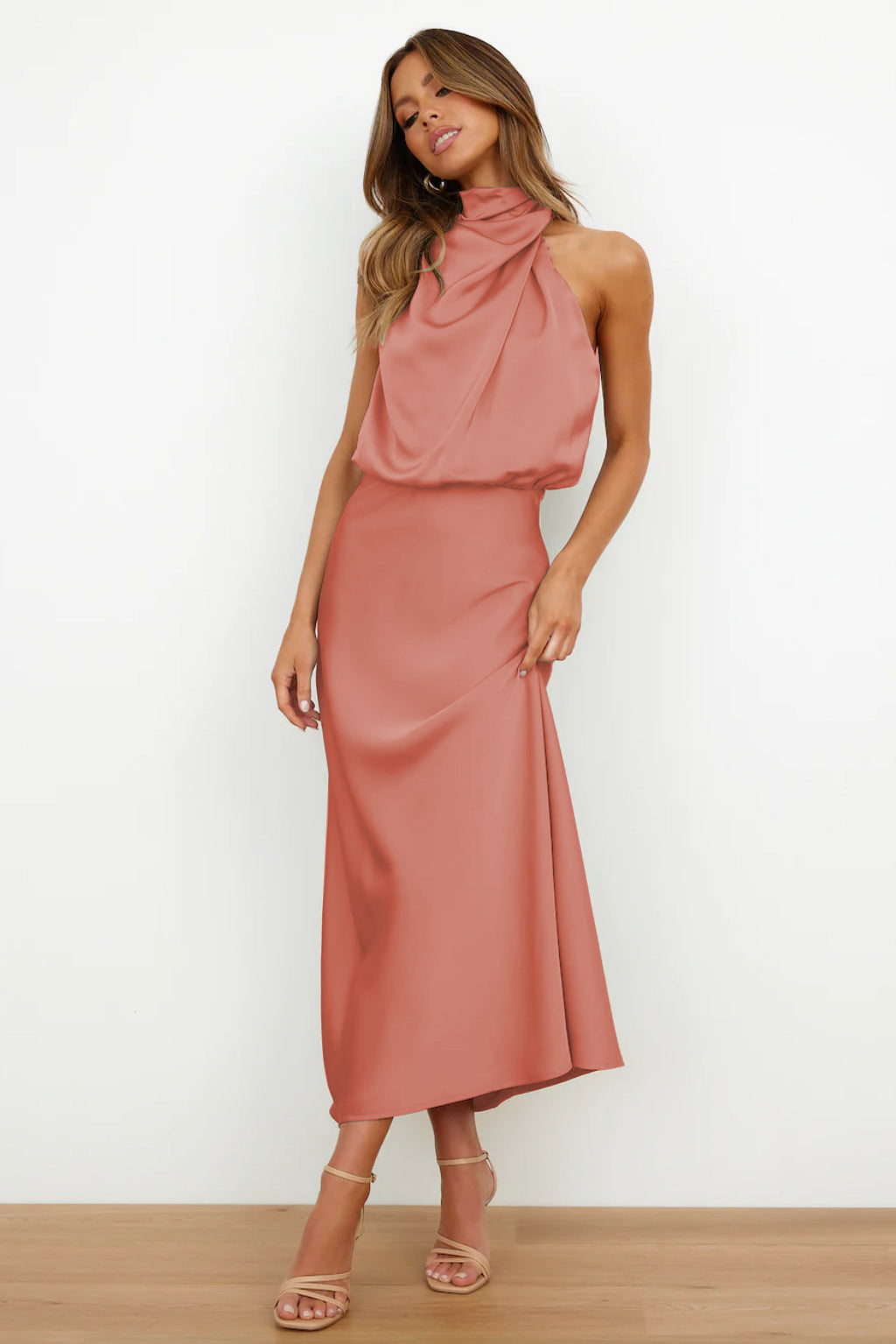Cristina™ | Long Satin Dress with Halter Necklinev