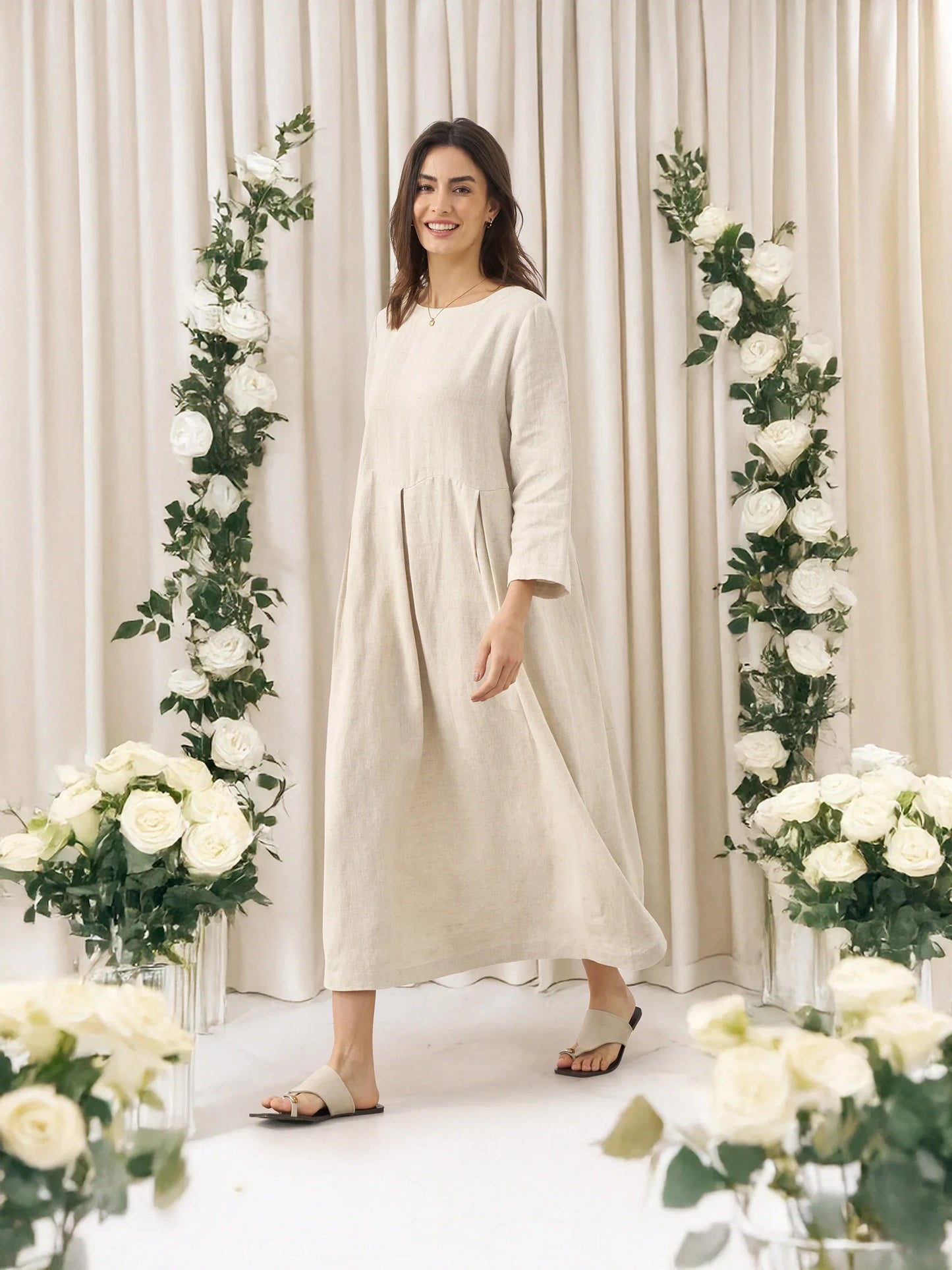 100% Linen Bateau Neck Pleated Maxi Dress ABIGAIL