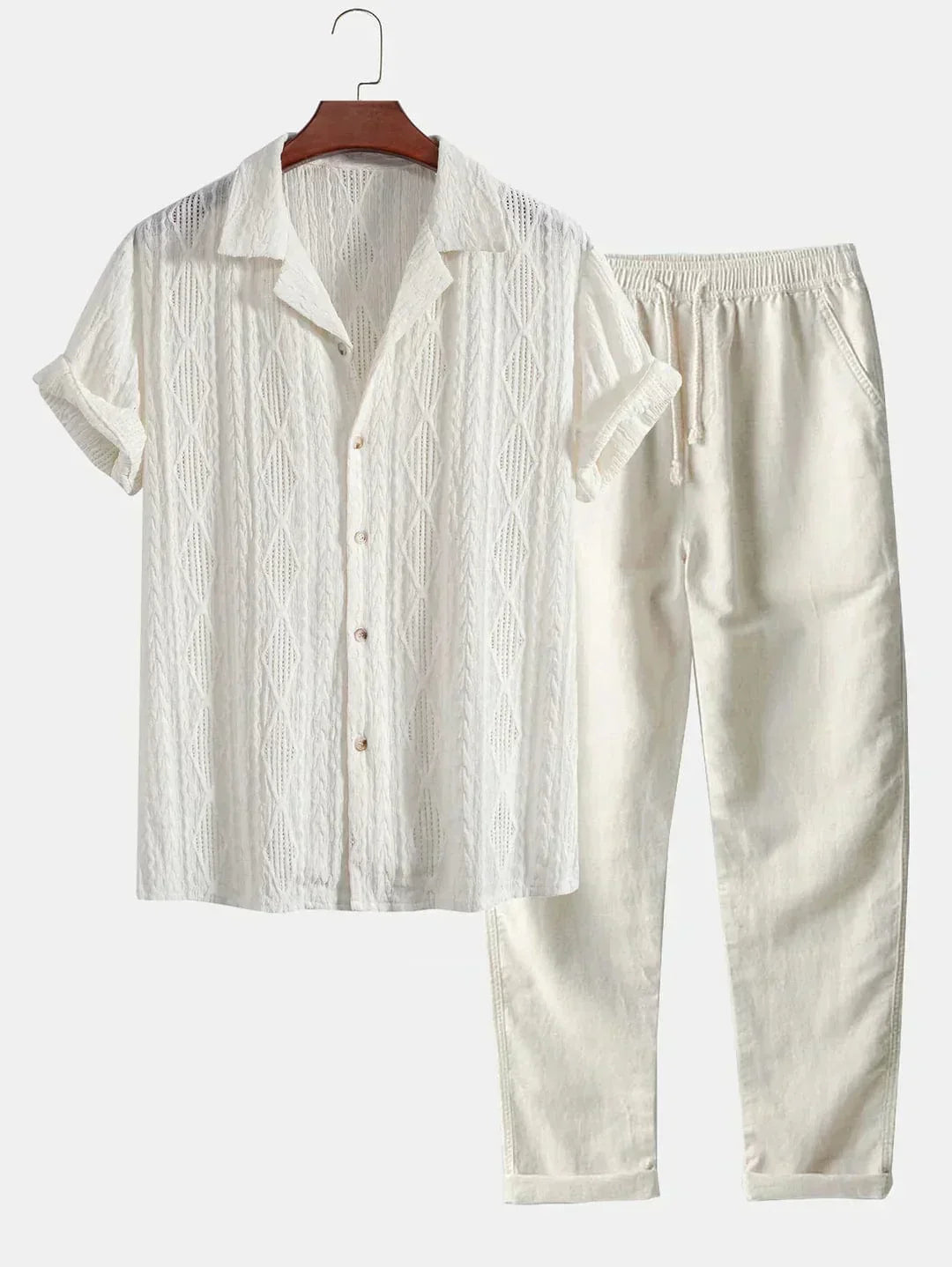 Textured Openwork Shirt and Relaxed Trousers Set
