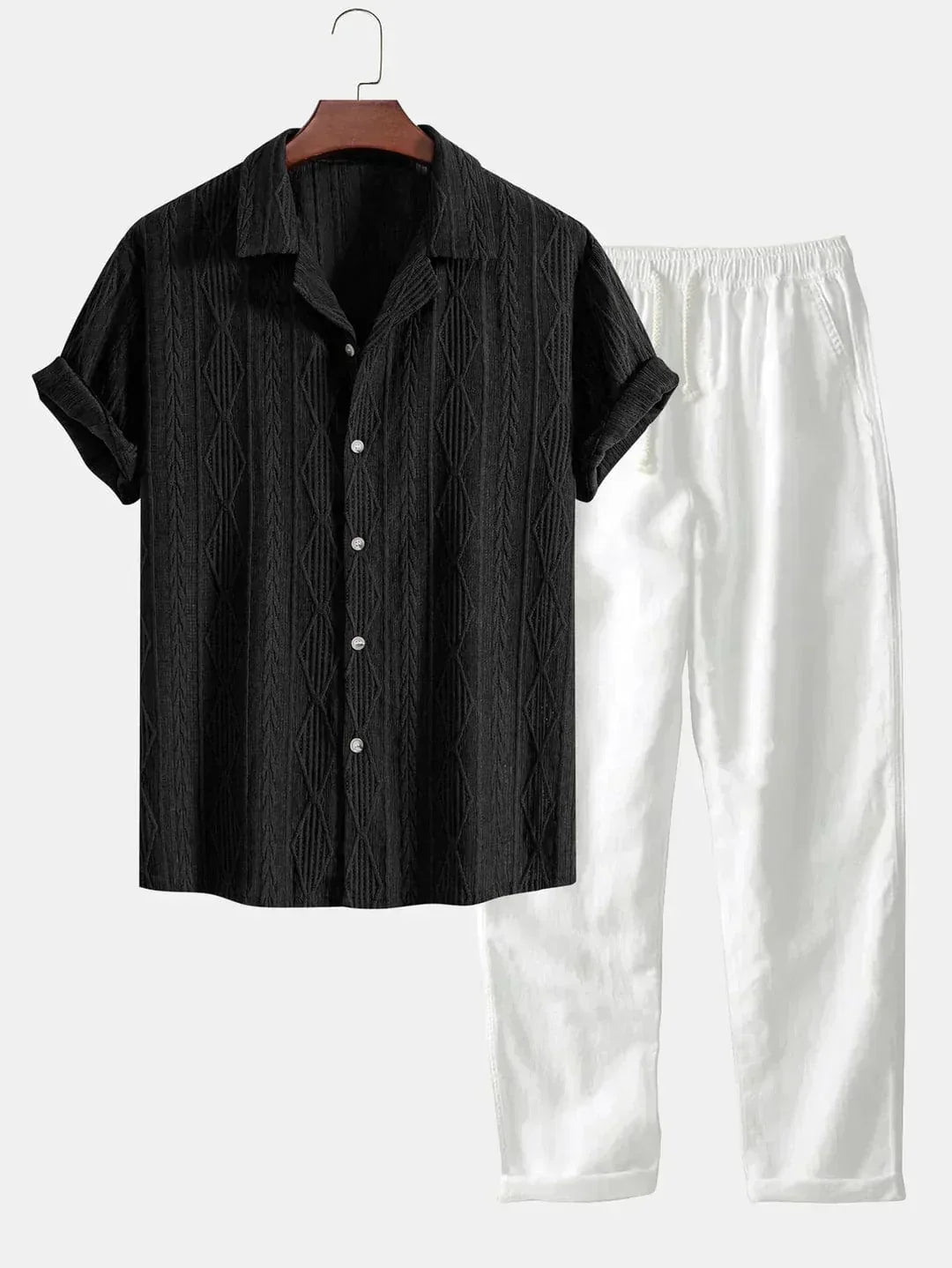 Textured Openwork Shirt and Relaxed Trousers Set