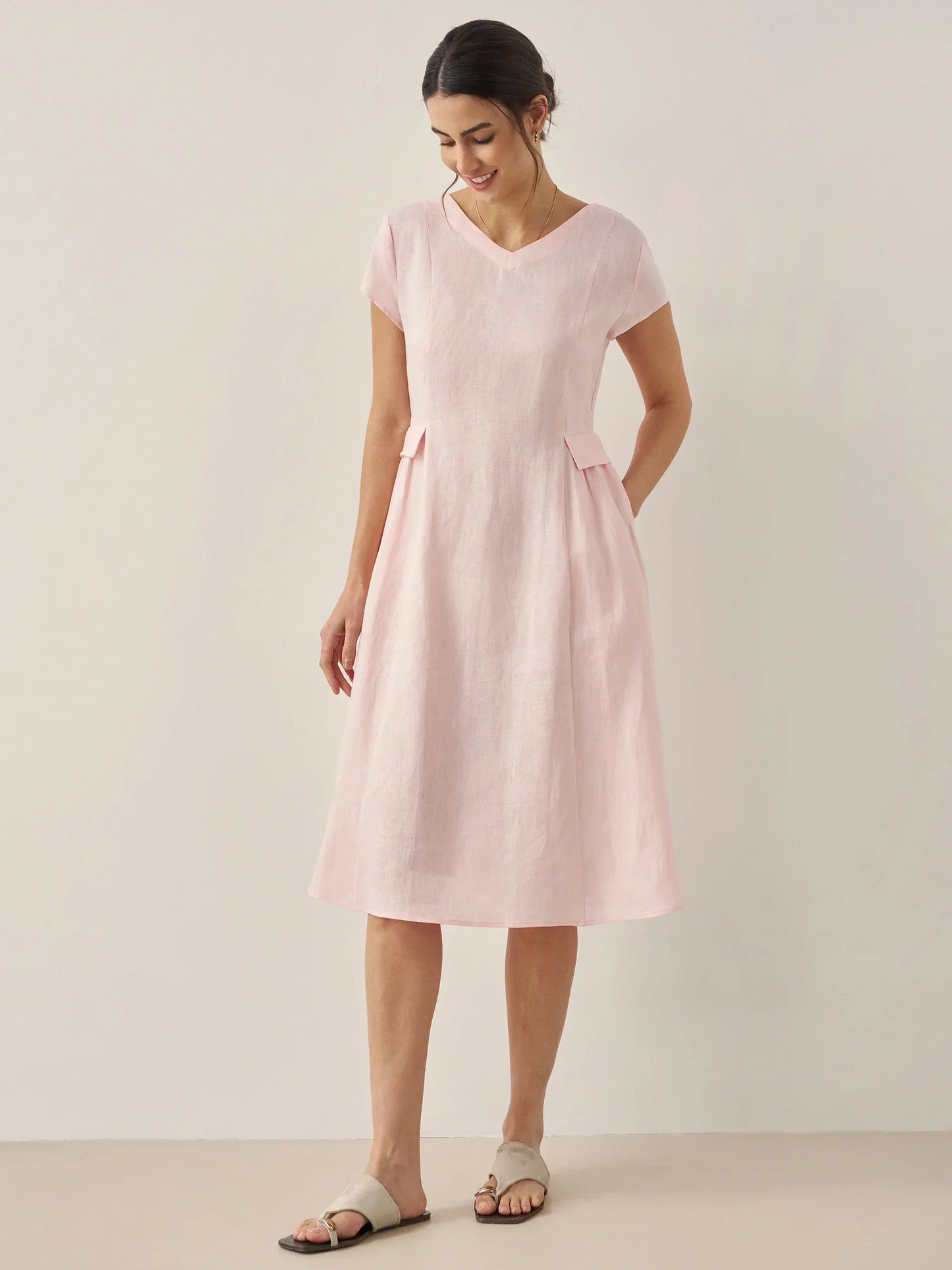 100% Linen Natural Summer V-Neck Dress ALEXA