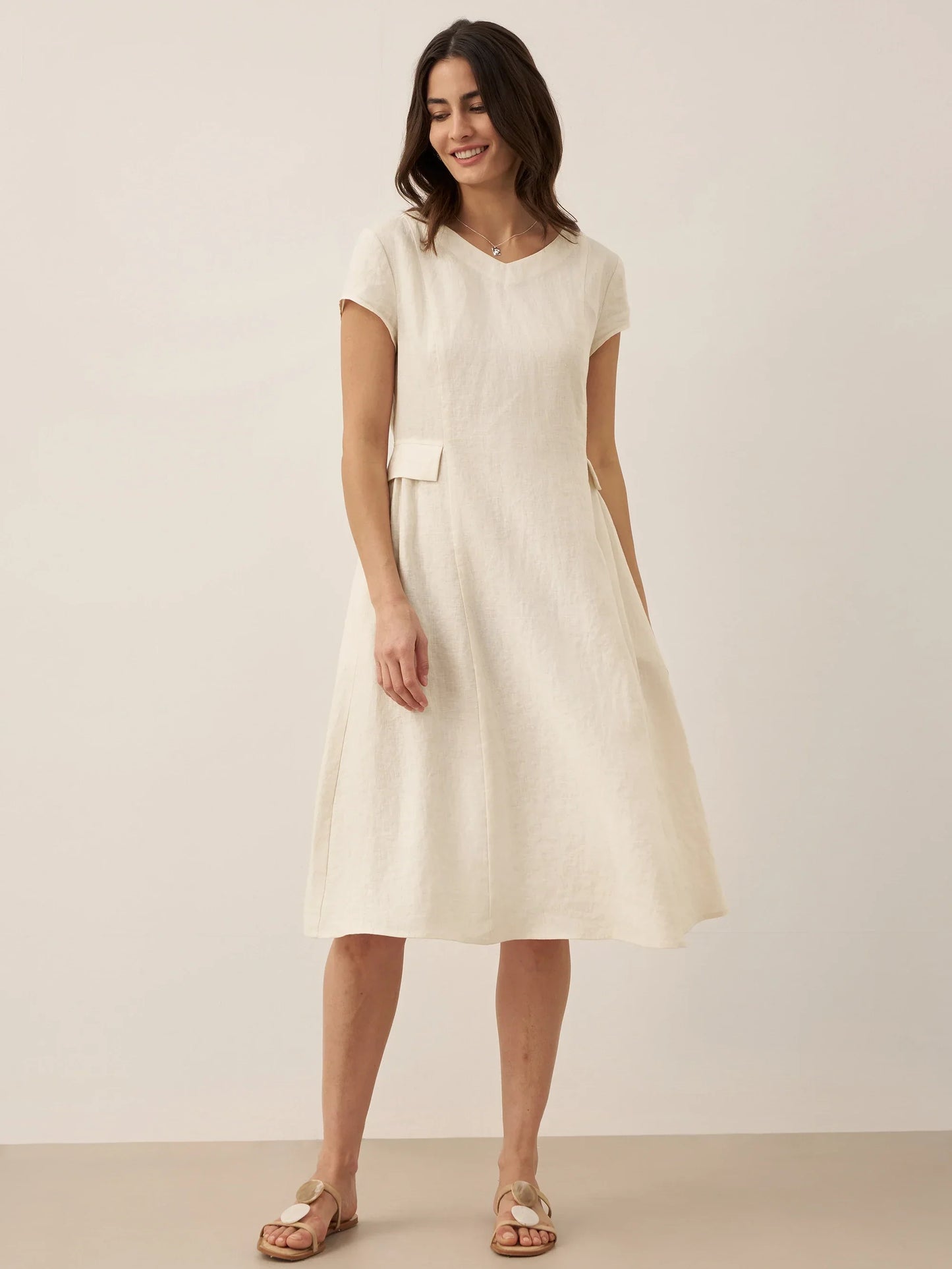 100% Linen Natural Summer V-Neck Dress ALEXA