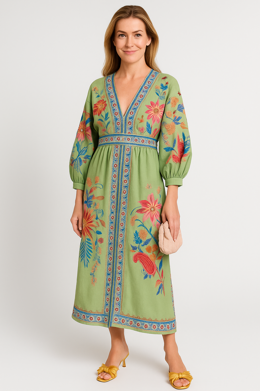 Delicate Floral V-Neck Single Breasted Midi Dress