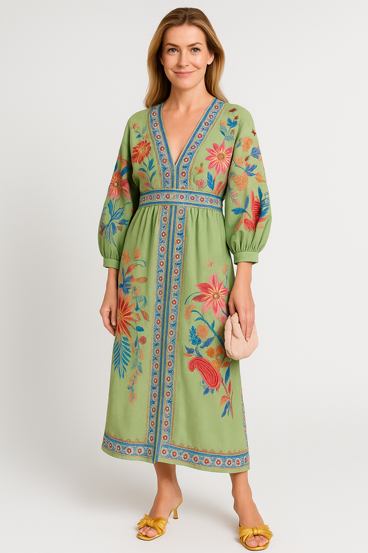 Delicate Floral V-Neck Single Breasted Midi Dress