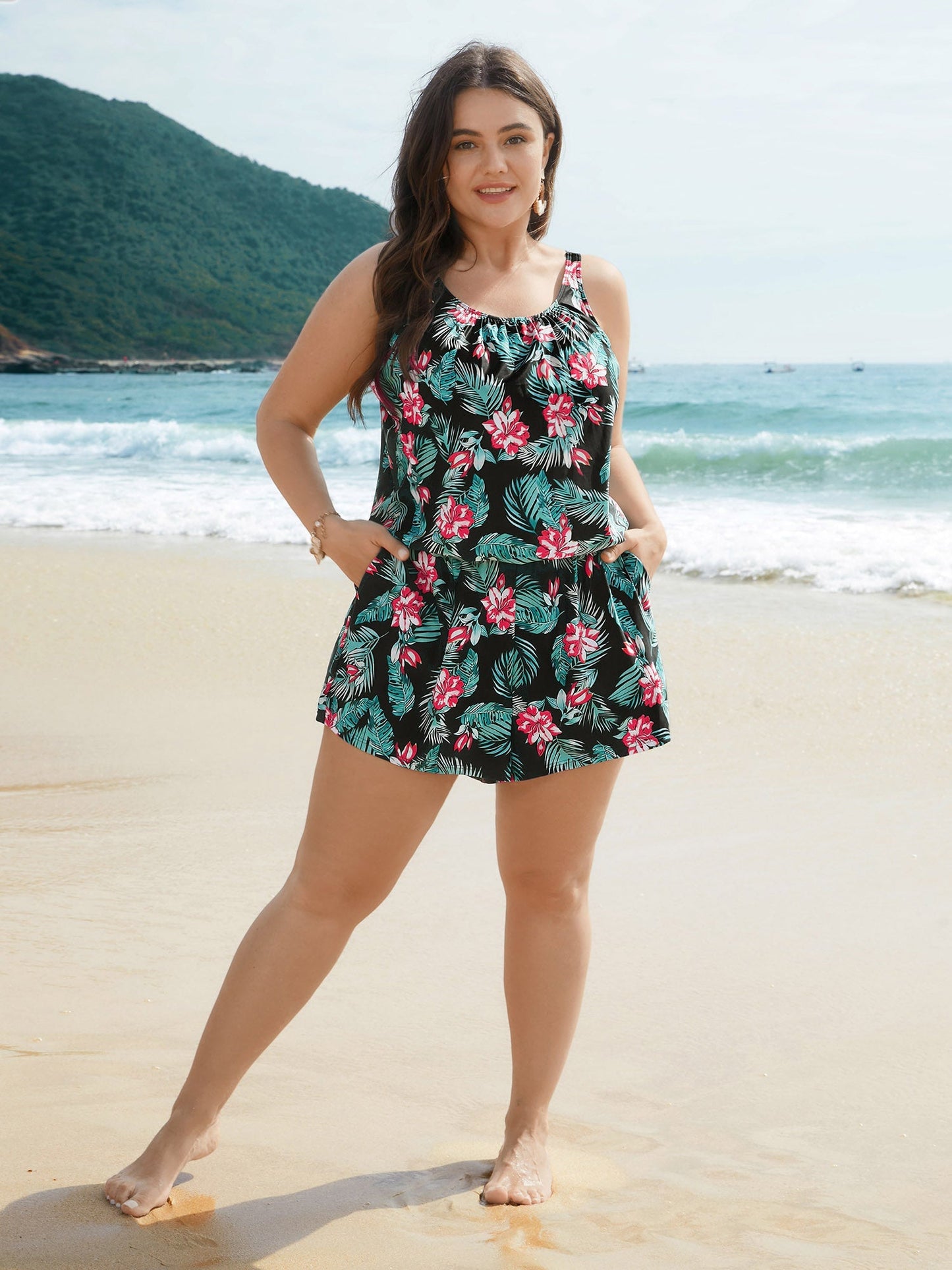 Tropical Flower Print Pockets One-Piece Swimsuit