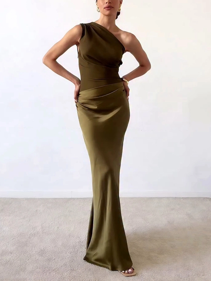 Elegant One Shoulder Pleated Maxi Party Dress