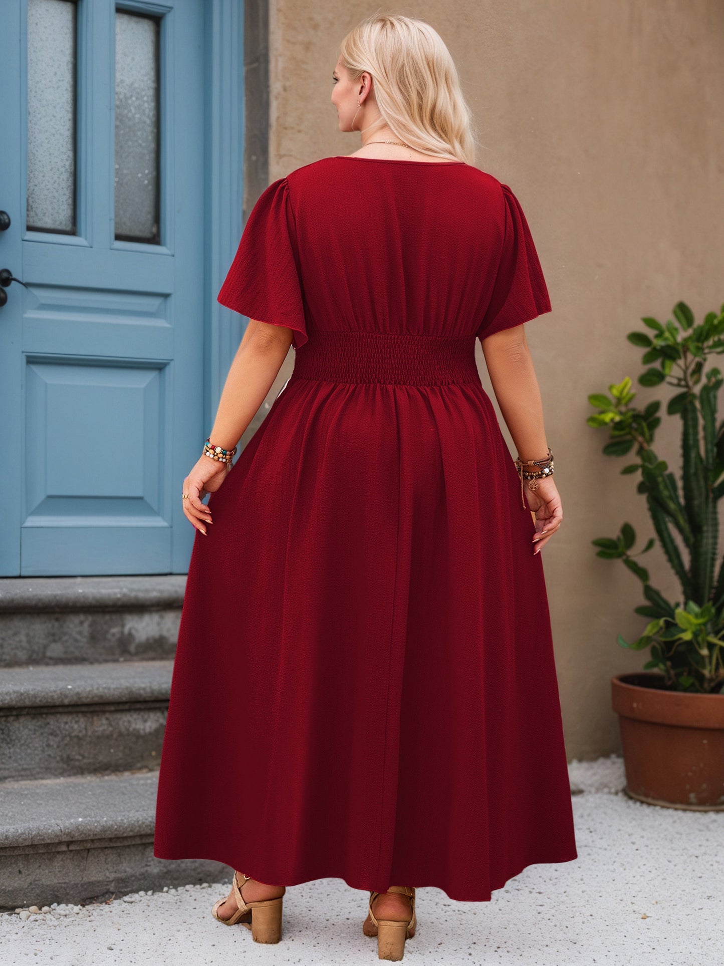 V-Neck Burgundy Ankle Length Plus Size Dress