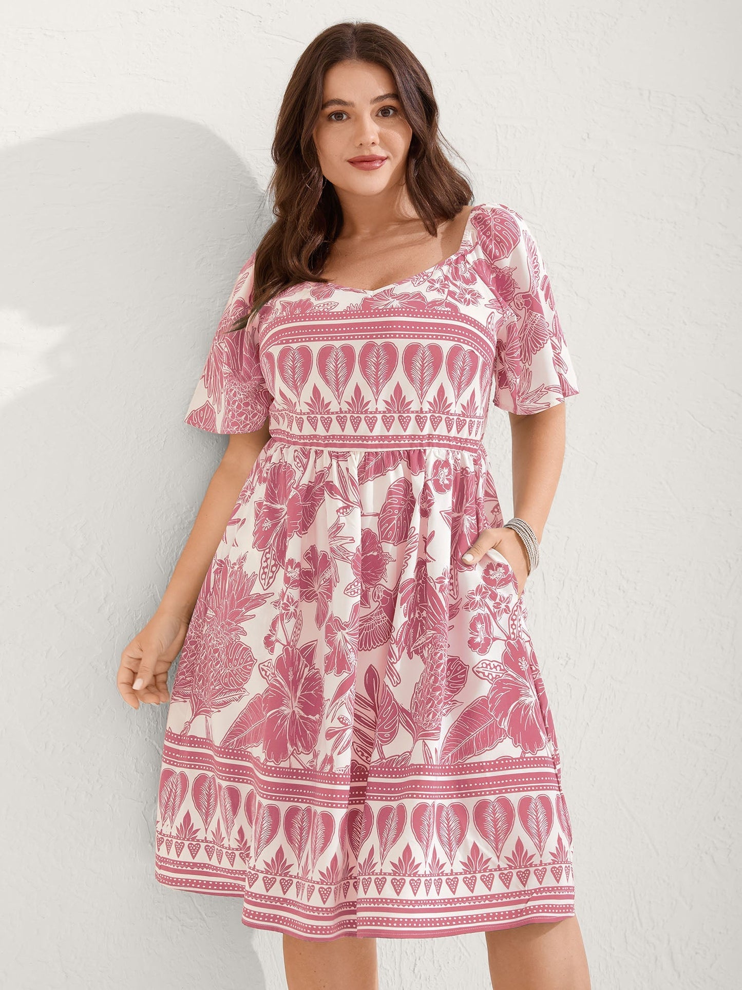 Boho Print Fit Flare Pockets Midi Dress