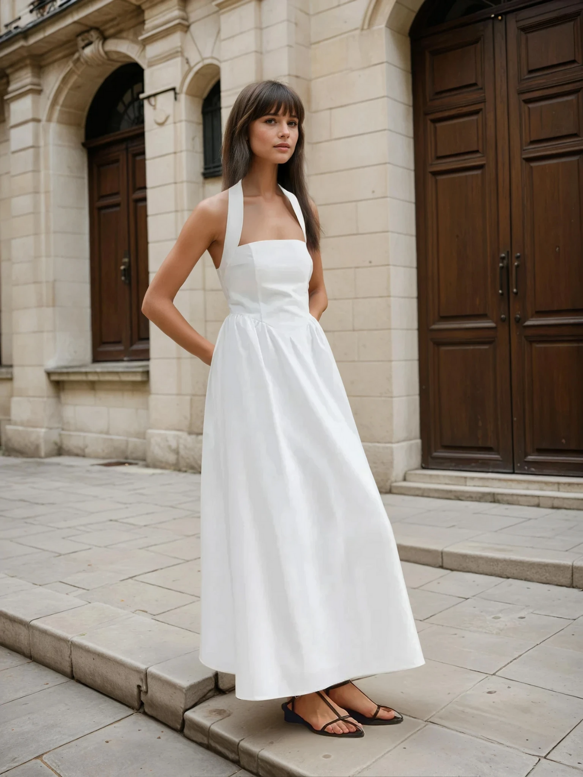 Simple and Chic Cotton & Linen Halter A Line Long Dress