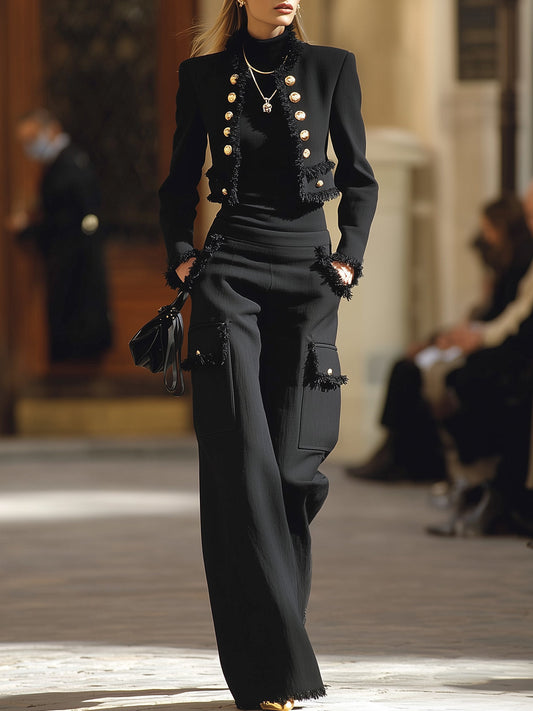 Black Jacket And Pants With Fringe Accents