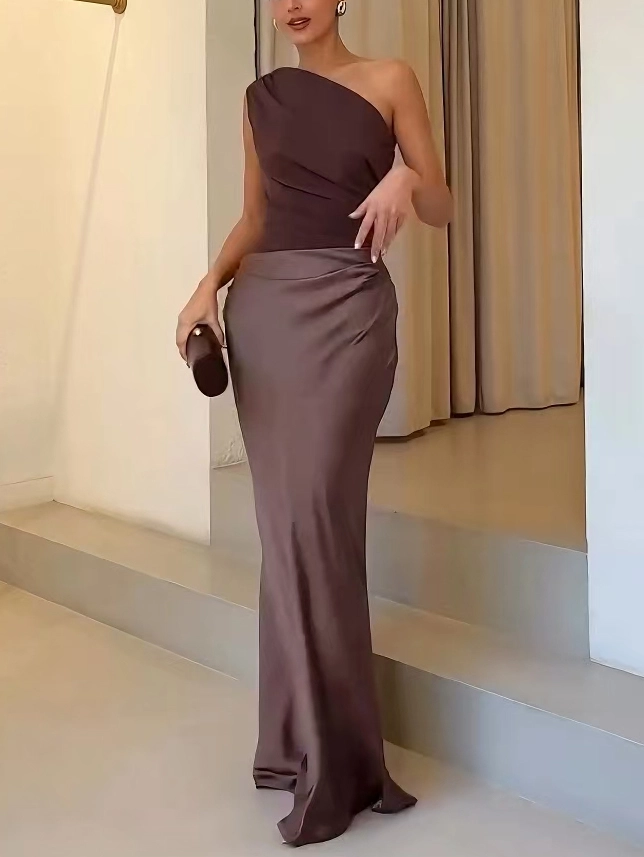 Elegant One Shoulder Pleated Maxi Party Dress