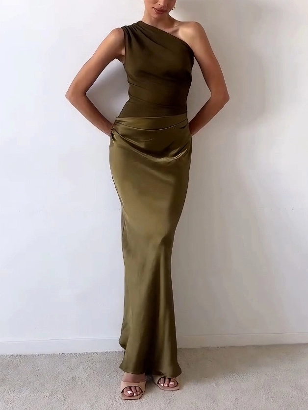 Elegant One Shoulder Pleated Maxi Party Dress