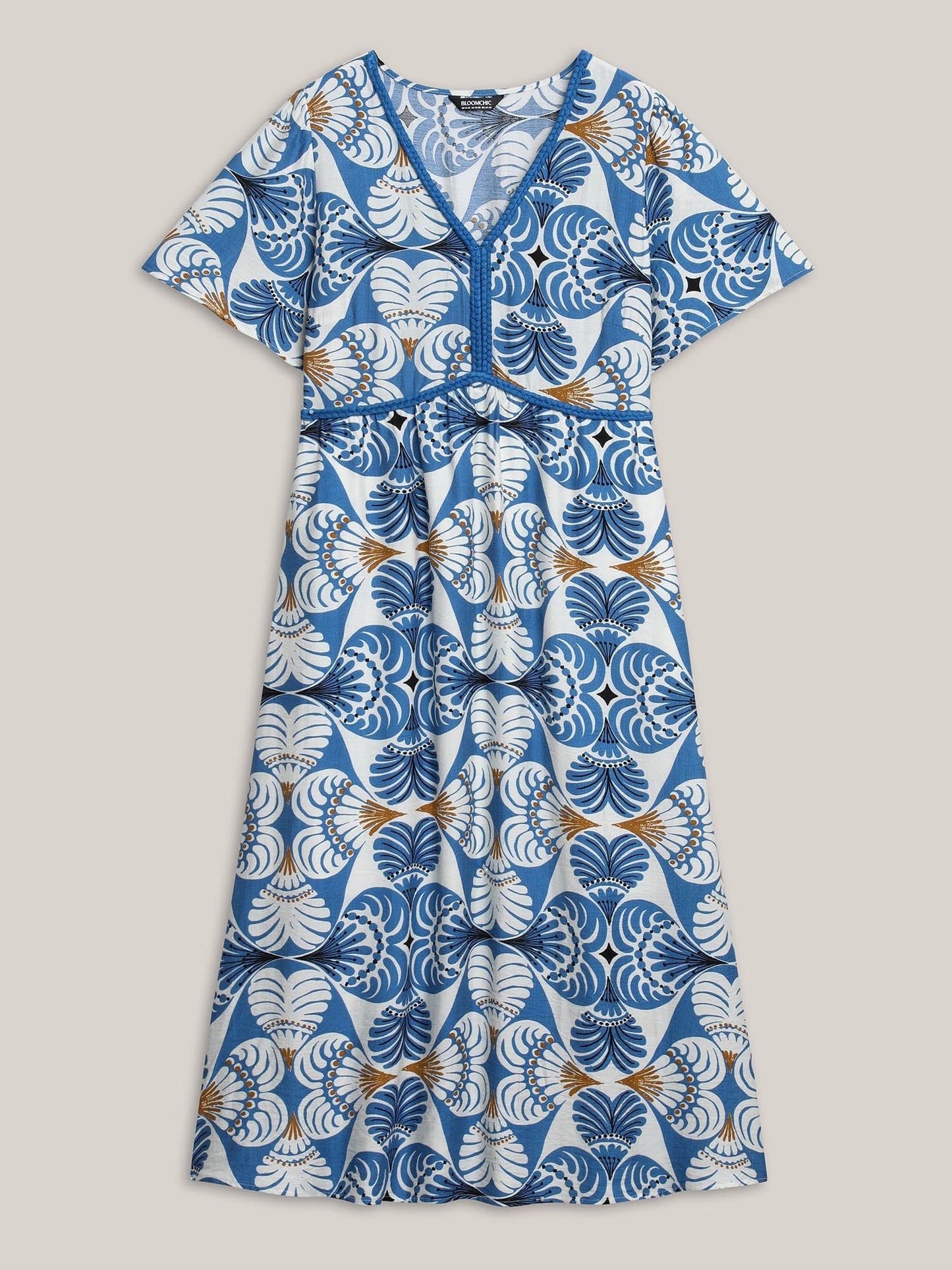 Shell Print Lace Detail Flowy Maxi Dress