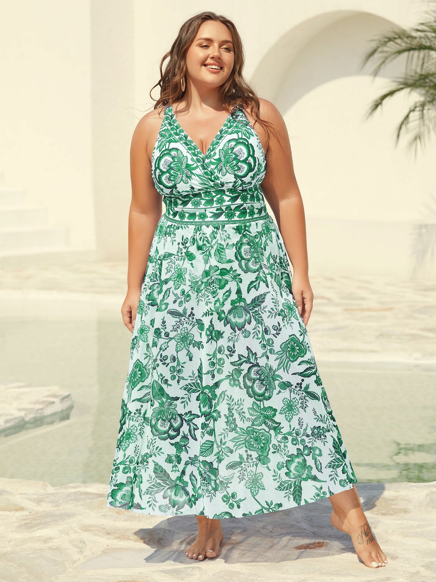 Two-Piece Floral Print Ruched Mesh Swimsuit, Sarong