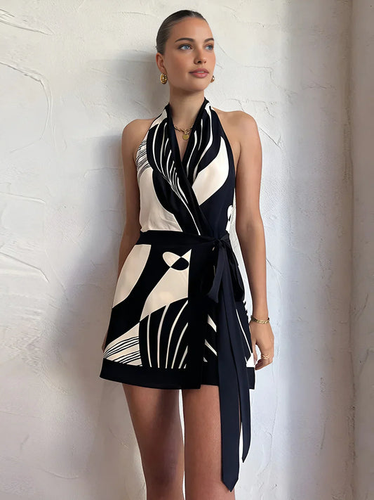 Contrast Color Print Halter Belted Short Dress