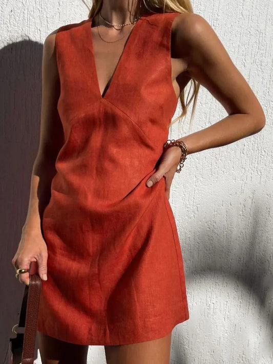Always Casual Cotton & Linen V-Neck Short Dress