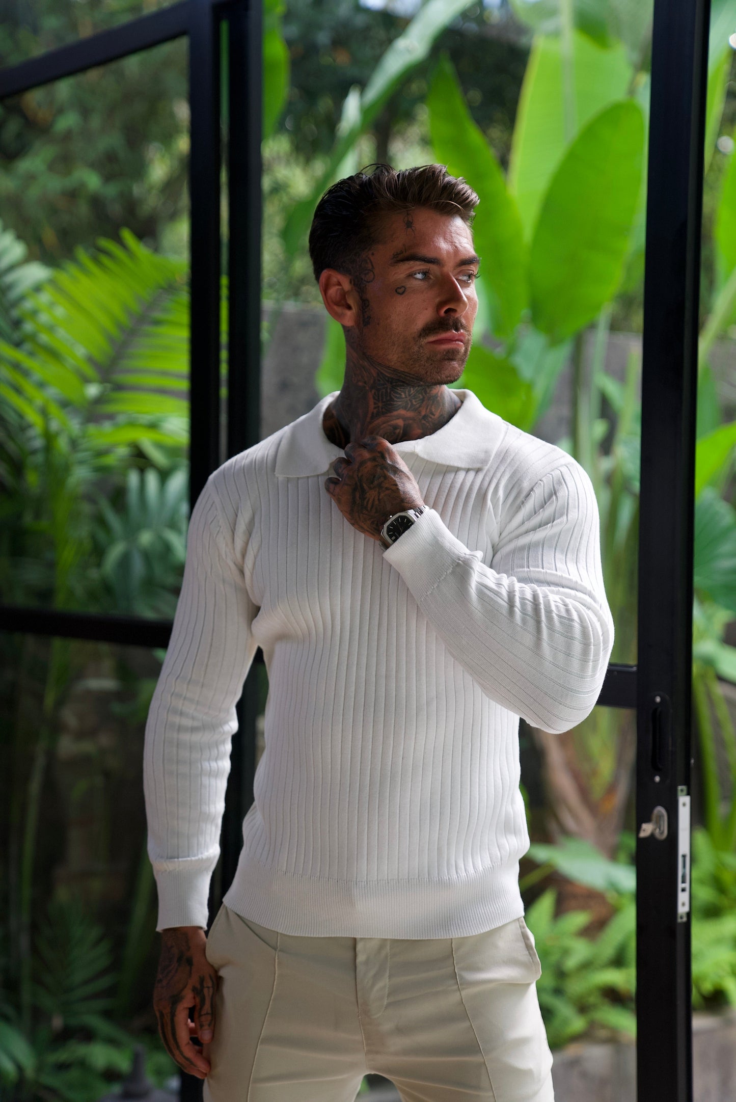 Fine Ribbed Knit Polo With Long Sleeves