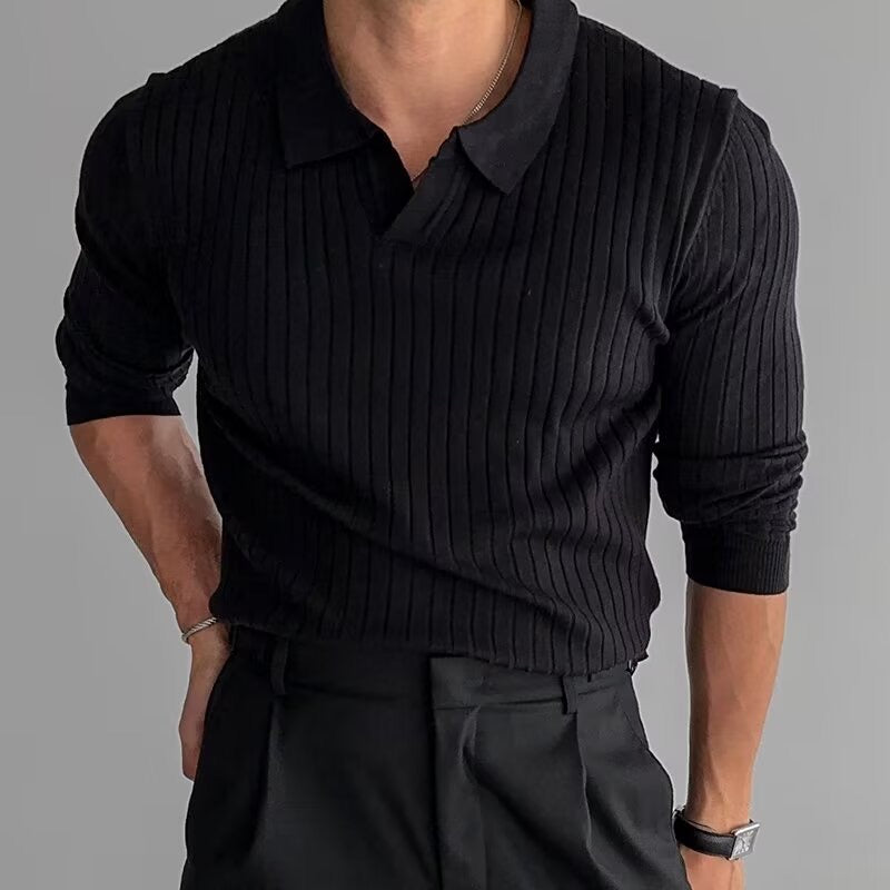 Ribbed Long Sleeve Knit Polo Shirt