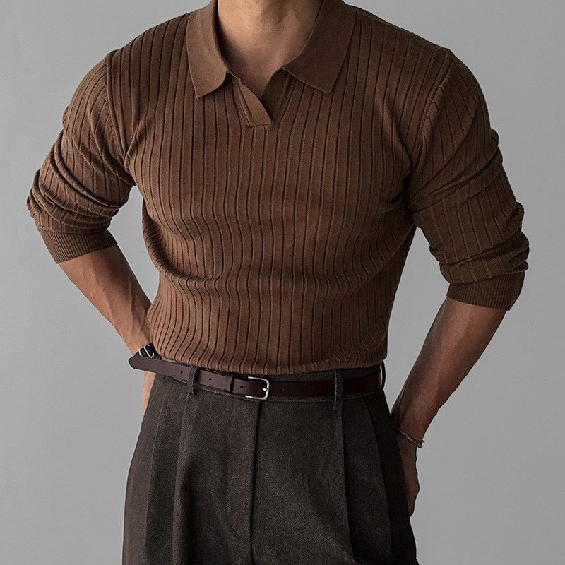 Ribbed Long Sleeve Knit Polo Shirt