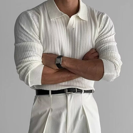 Ribbed Long Sleeve Knit Polo Shirt