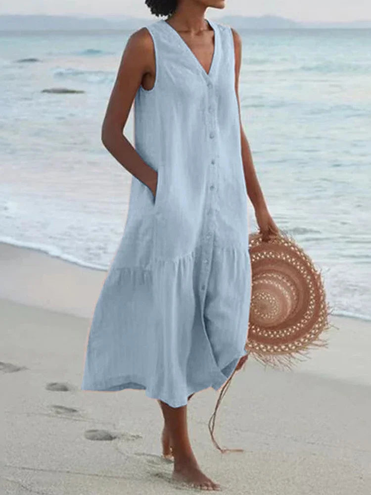 Cavell™ – Sleeveless Summer Dress Featuring Button Closure