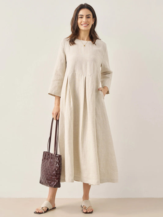 100% Linen Bateau Neck Pleated Maxi Dress ABIGAIL