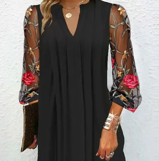 Alina  | Elegant Mini Dress with V-Neck and Sheer Sleeves